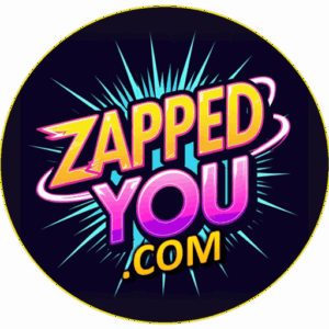 Zapped You.Com circular logo on a black background with yellow and purple fonts with a blue zap effect in the background
