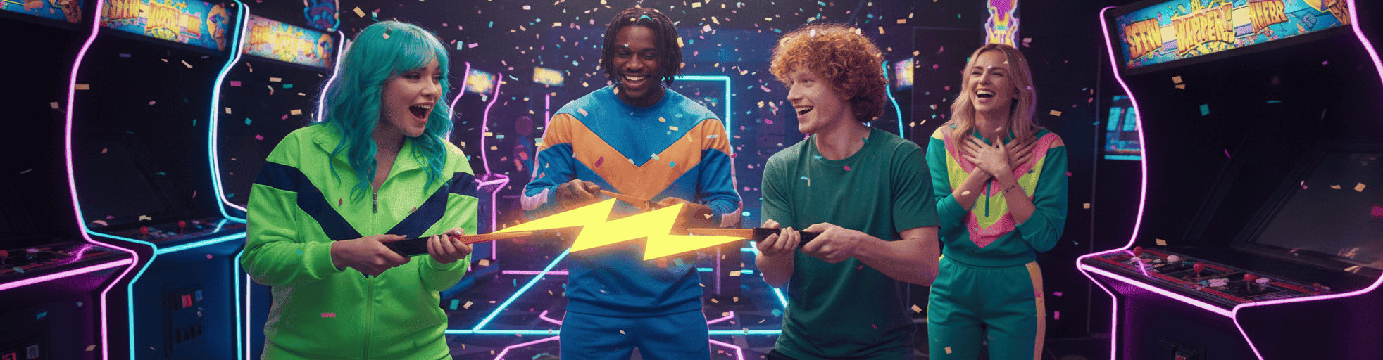 4 people playing with gag gifts for adults including the Zapper, on a 90's background with confetti in the background